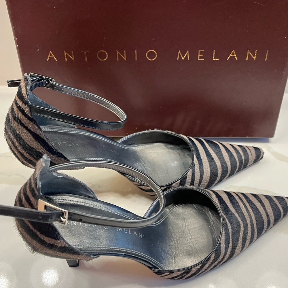 ANTONIO MELANI Zebra Stripe Heels in Black and Tan